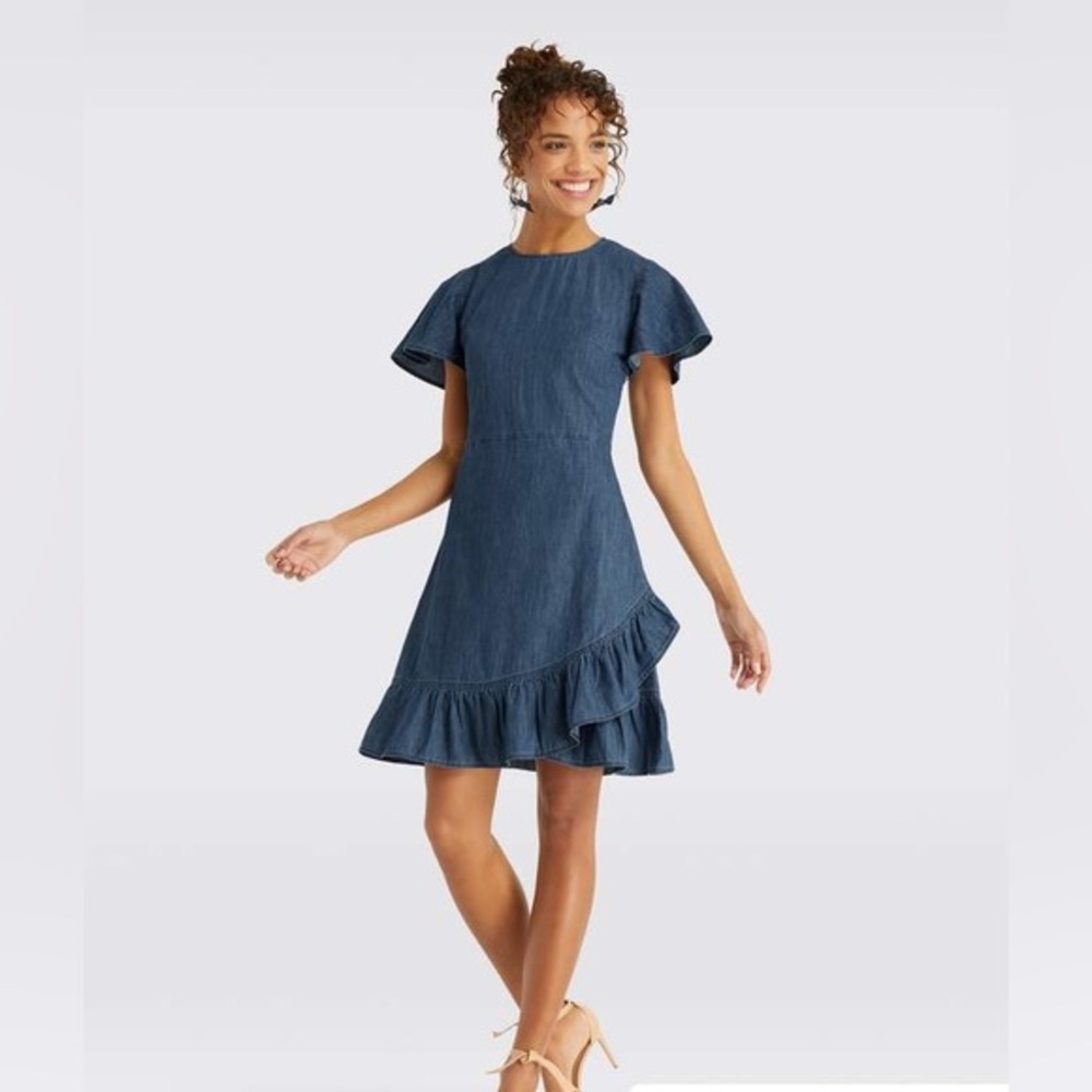Draper James Ruffle Flutter Short Sleeve Denim Dress
